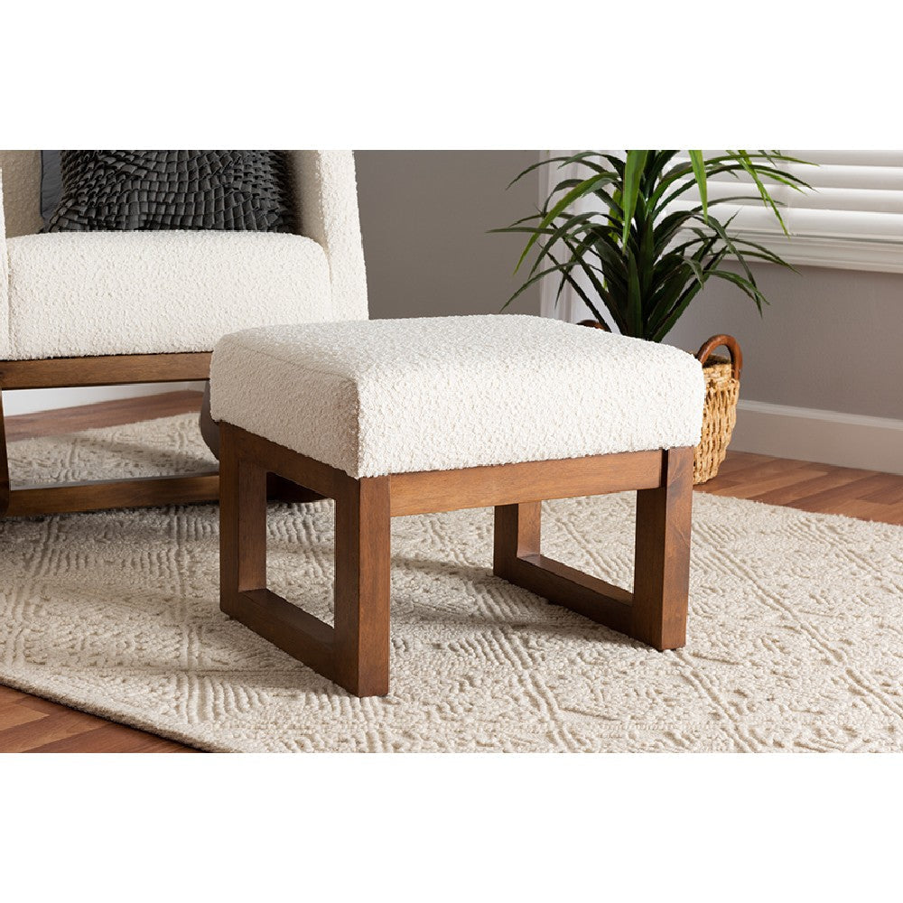 Baxton Studio Yashiya Mid-Century Modern Off-White Boucle Upholstered and Walnut Brown Finished Wood Ottoman Footstool