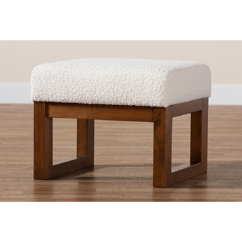 Baxton Studio Yashiya Mid-Century Modern Off-White Boucle Upholstered and Walnut Brown Finished Wood Ottoman Footstool