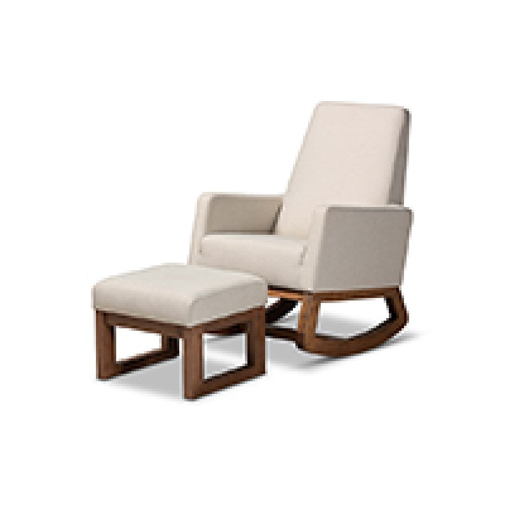Baxton Studio Yashiya Mid-century Retro Modern Light Beige Fabric Upholstered Rocking Chair and Ottoman Set WHI-BBT5200-Light-Beige-Set