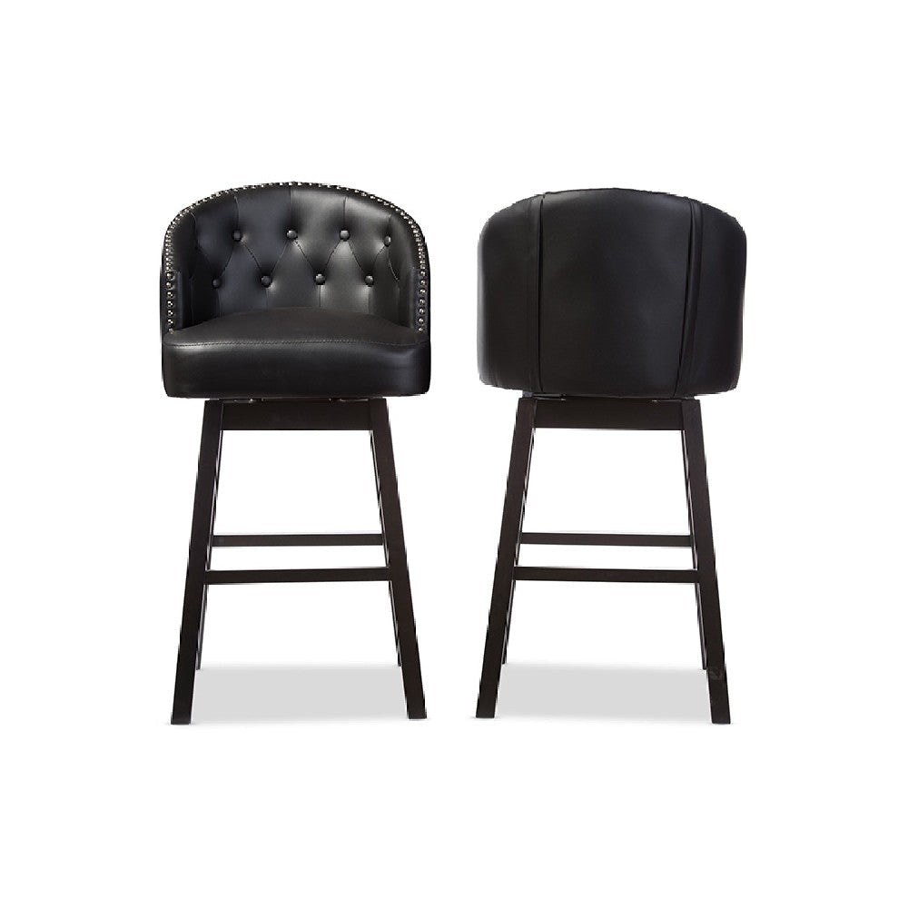 Baxton Studio Avril Modern and Contemporary Black Faux Leather Tufted Swivel Barstool with Nail heads Trim (Set of 2)