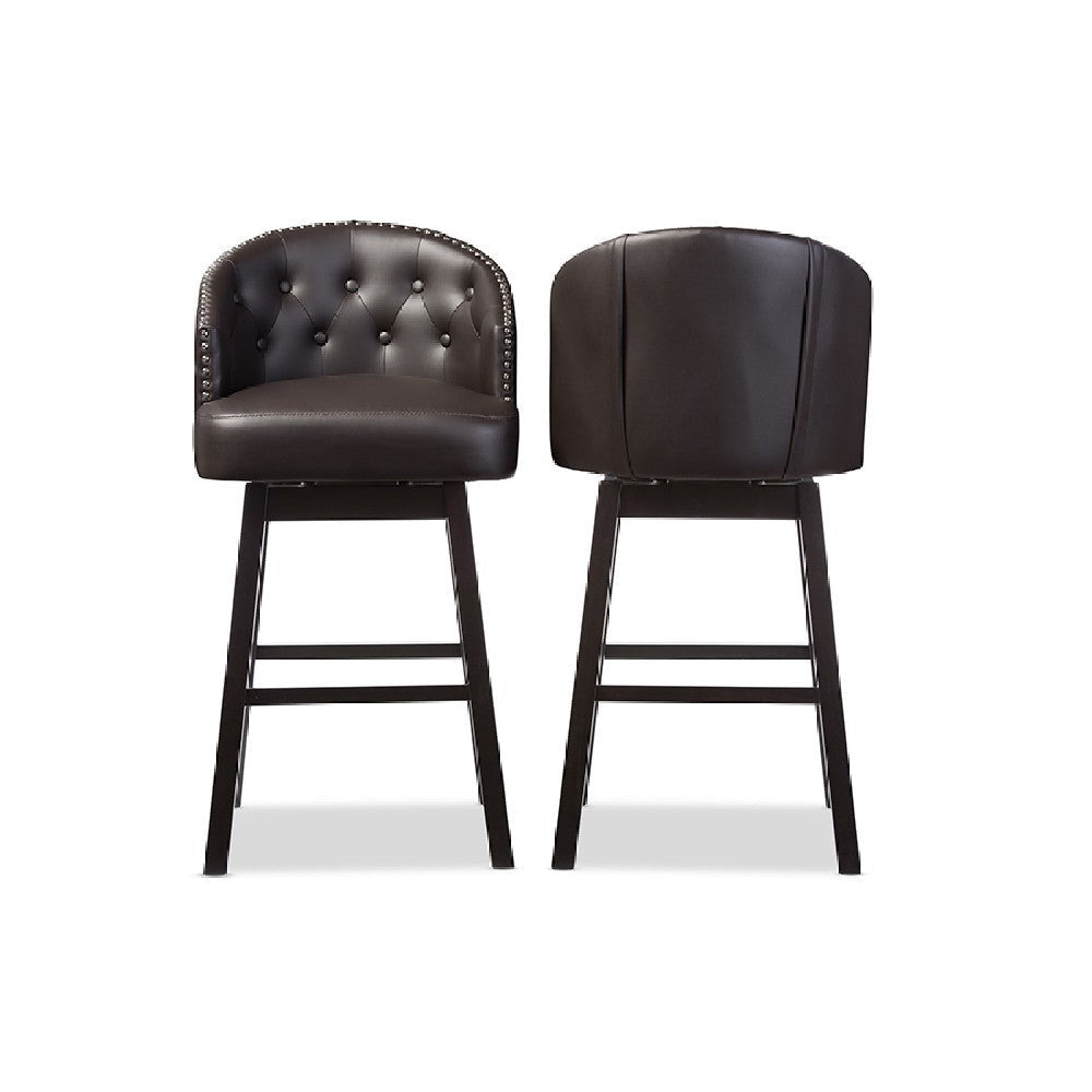Baxton Studio Avril Modern and Contemporary Brown Faux Leather Tufted Swivel Barstool with Nail heads Trim (Set of 2)