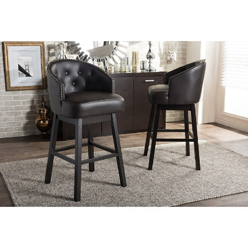 Baxton Studio Avril Modern and Contemporary Brown Faux Leather Tufted Swivel Barstool with Nail heads Trim (Set of 2)
