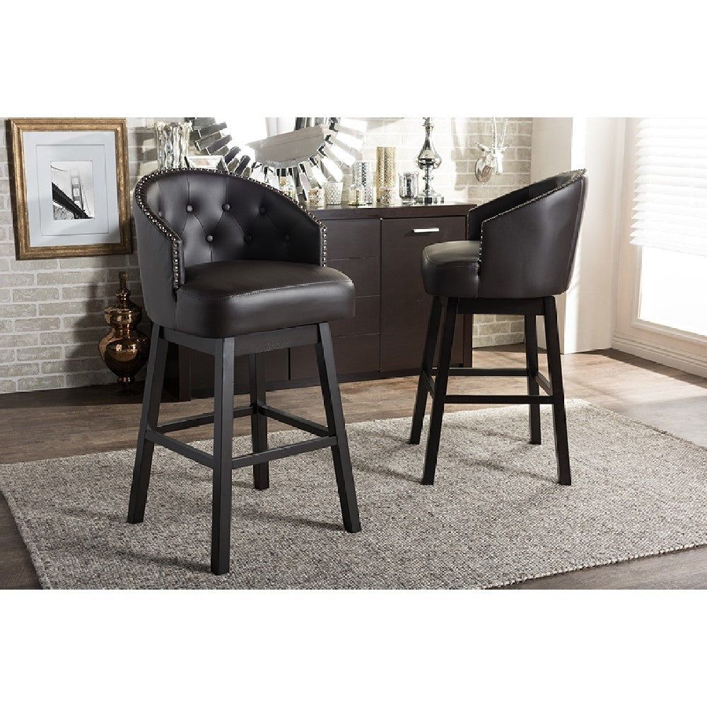 Baxton Studio Avril Modern and Contemporary Brown Faux Leather Tufted Swivel Barstool with Nail heads Trim (Set of 2)