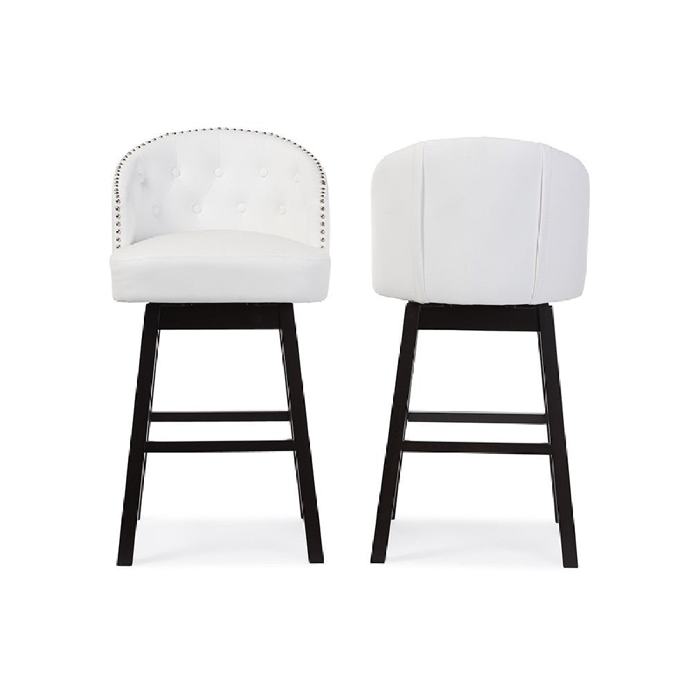 Baxton Studio Avril Modern and Contemporary White Faux Leather Tufted 2-Piece Swivel Barstool Set with Nail heads Trim