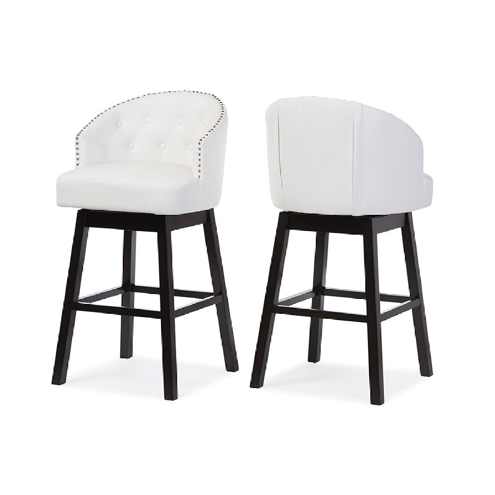 Baxton Studio Avril Modern and Contemporary White Faux Leather Tufted 2-Piece Swivel Barstool Set with Nail heads Trim