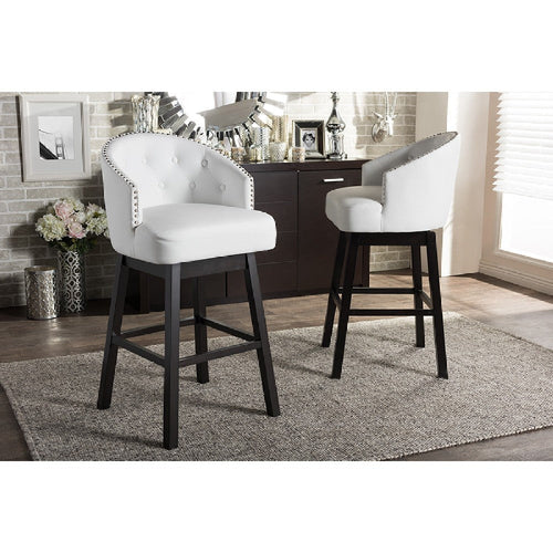 Baxton Studio Avril Modern and Contemporary White Faux Leather Tufted 2-Piece Swivel Barstool Set with Nail heads Trim