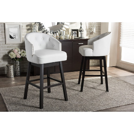 Baxton Studio Avril Modern and Contemporary White Faux Leather Tufted 2-Piece Swivel Barstool Set with Nail heads Trim