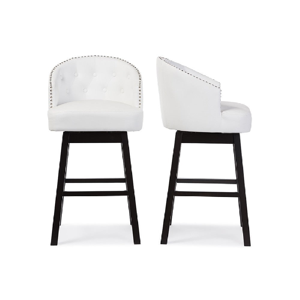 Baxton Studio Avril Modern and Contemporary White Faux Leather Tufted 2-Piece Swivel Barstool Set with Nail heads Trim