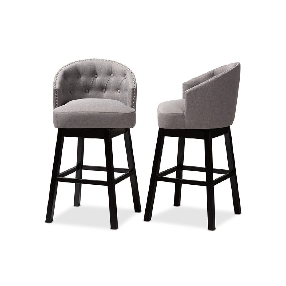 Baxton Studio Theron Transitional Gray Fabric Upholstered Wood Swivel Bar Stool Set of 2