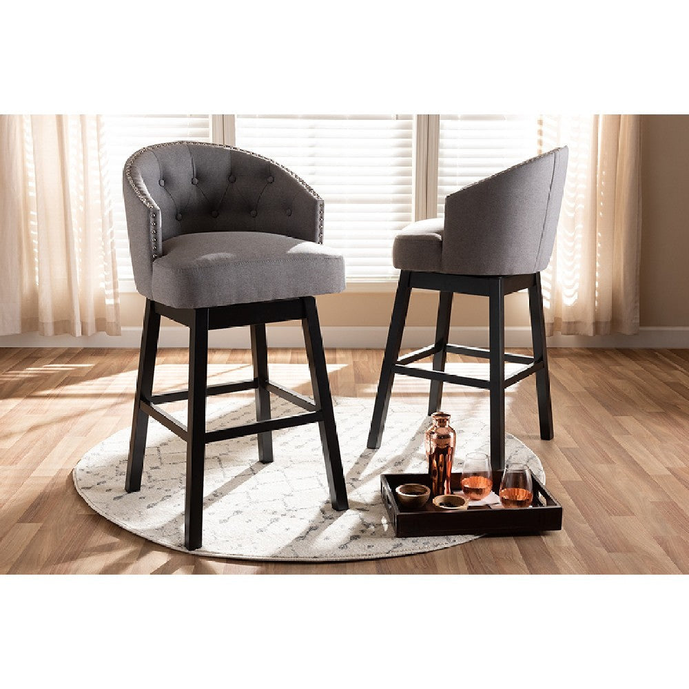 Baxton Studio Theron Transitional Gray Fabric Upholstered Wood Swivel Bar Stool Set of 2