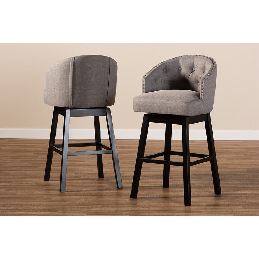 Baxton Studio Theron Transitional Gray Fabric Upholstered Wood Swivel Bar Stool Set of 2