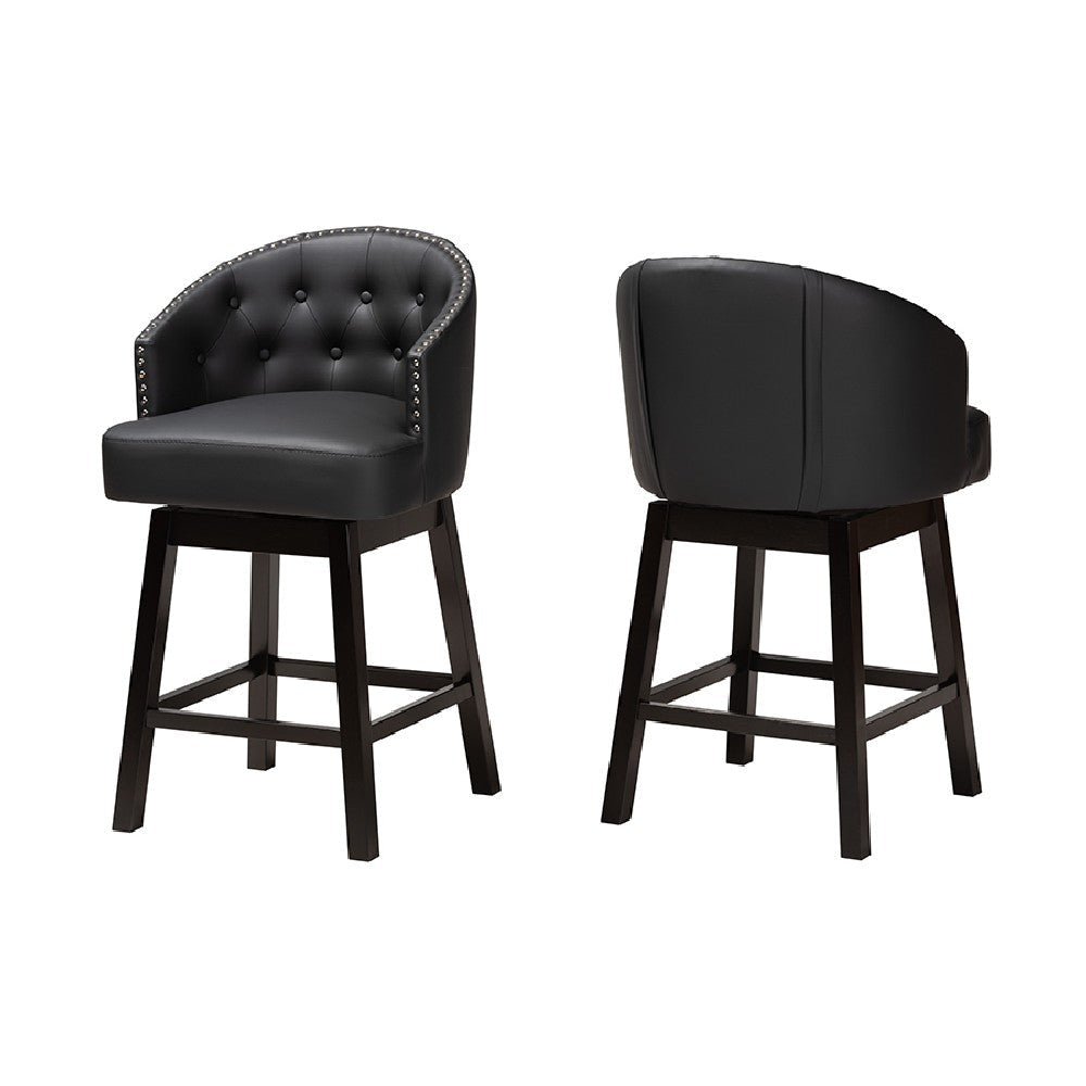 Baxton Studio Theron Mid-Century Transitional Black Faux Leather and Espresso Brown Finished Wood 2-Piece Swivel Counter Stool Set