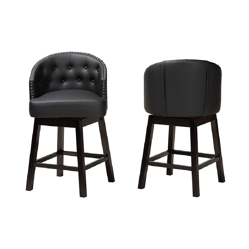 Baxton Studio Theron Mid-Century Transitional Black Faux Leather and Espresso Brown Finished Wood 2-Piece Swivel Counter Stool Set