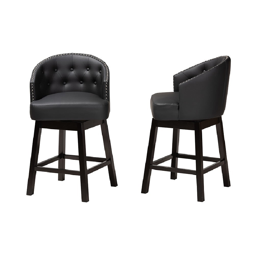 Baxton Studio Theron Mid-Century Transitional Black Faux Leather and Espresso Brown Finished Wood 2-Piece Swivel Counter Stool Set