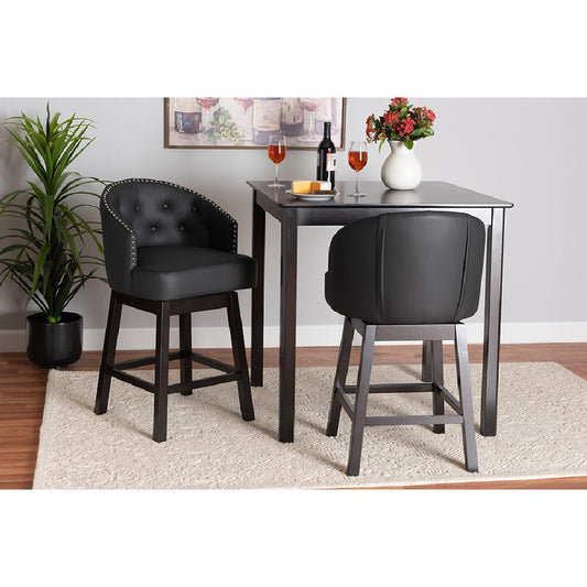 Baxton Studio Theron Mid-Century Transitional Black Faux Leather and Espresso Brown Finished Wood 2-Piece Swivel Counter Stool Set