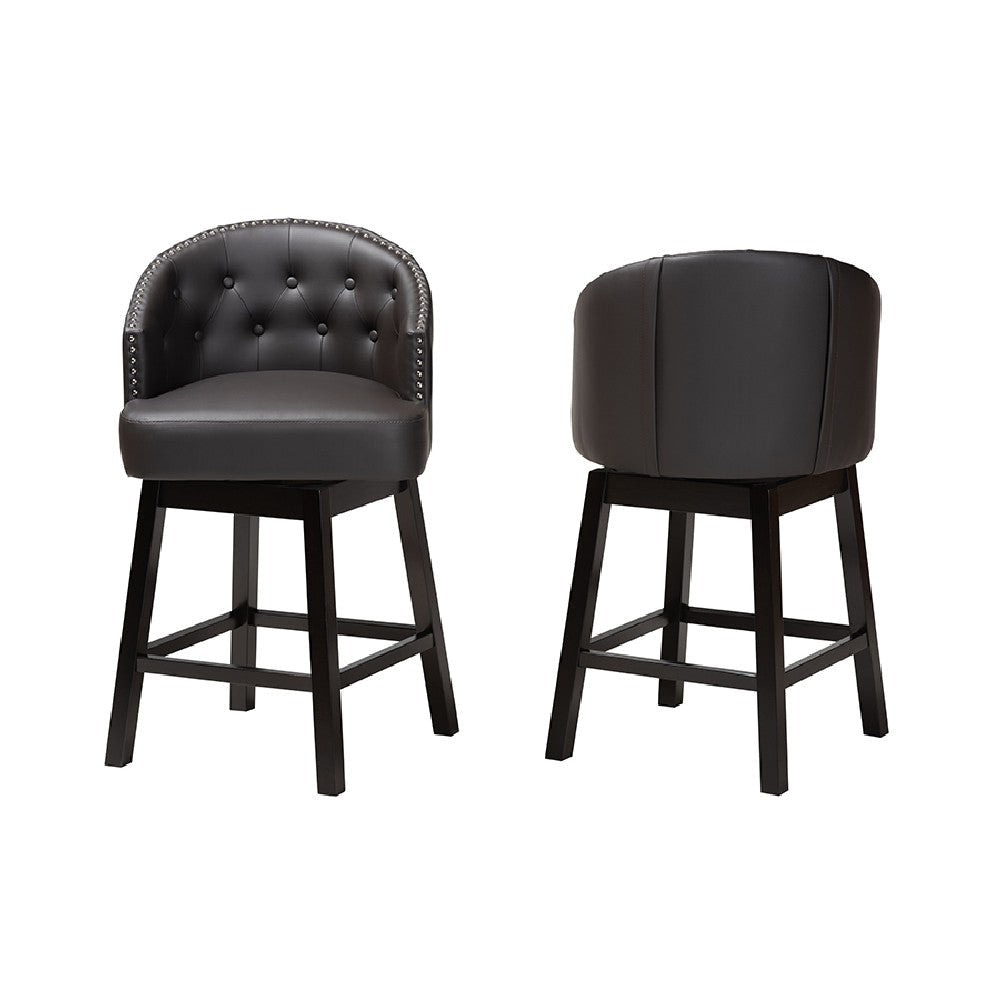 Baxton Studio Theron Mid-Century Transitional Dark Brown Faux Leather and Espresso Brown Finished Wood 2-Piece Swivel Counter Stool Set