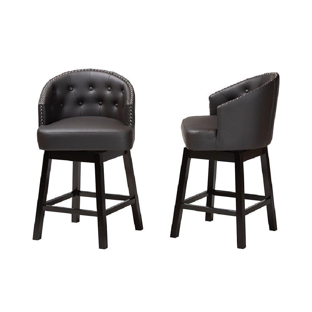 Baxton Studio Theron Mid-Century Transitional Dark Brown Faux Leather and Espresso Brown Finished Wood 2-Piece Swivel Counter Stool Set