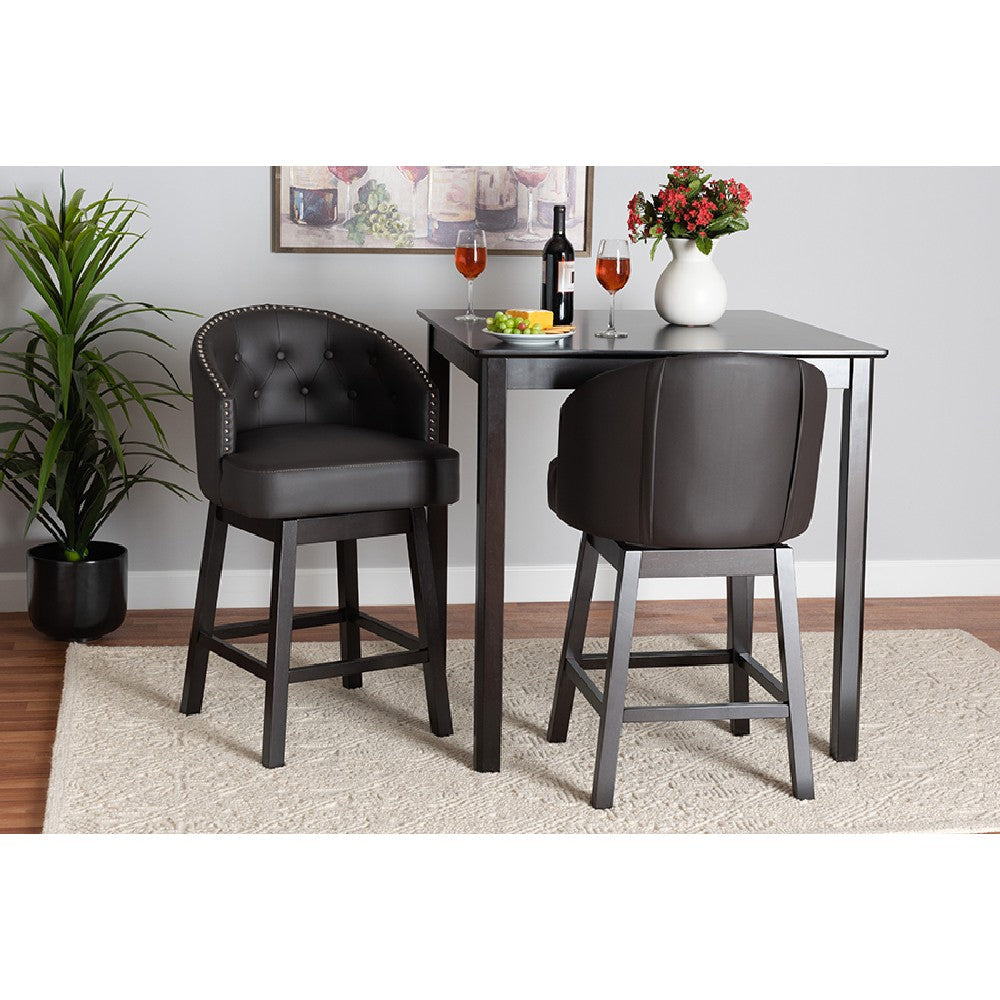 Baxton Studio Theron Mid-Century Transitional Dark Brown Faux Leather and Espresso Brown Finished Wood 2-Piece Swivel Counter Stool Set