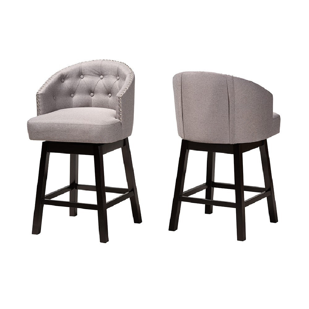Baxton Studio Theron Mid-Century Transitional Grey Fabric and Espresso Brown Finished Wood 2-Piece Swivel Counter Stool Set