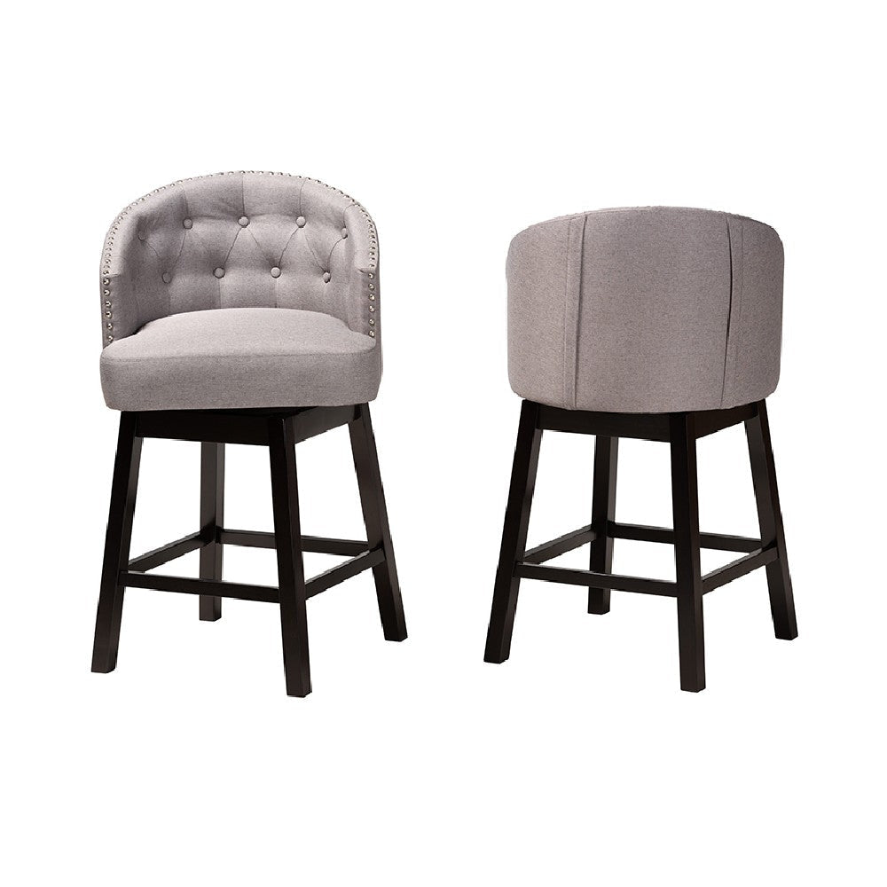 Baxton Studio Theron Mid-Century Transitional Grey Fabric and Espresso Brown Finished Wood 2-Piece Swivel Counter Stool Set