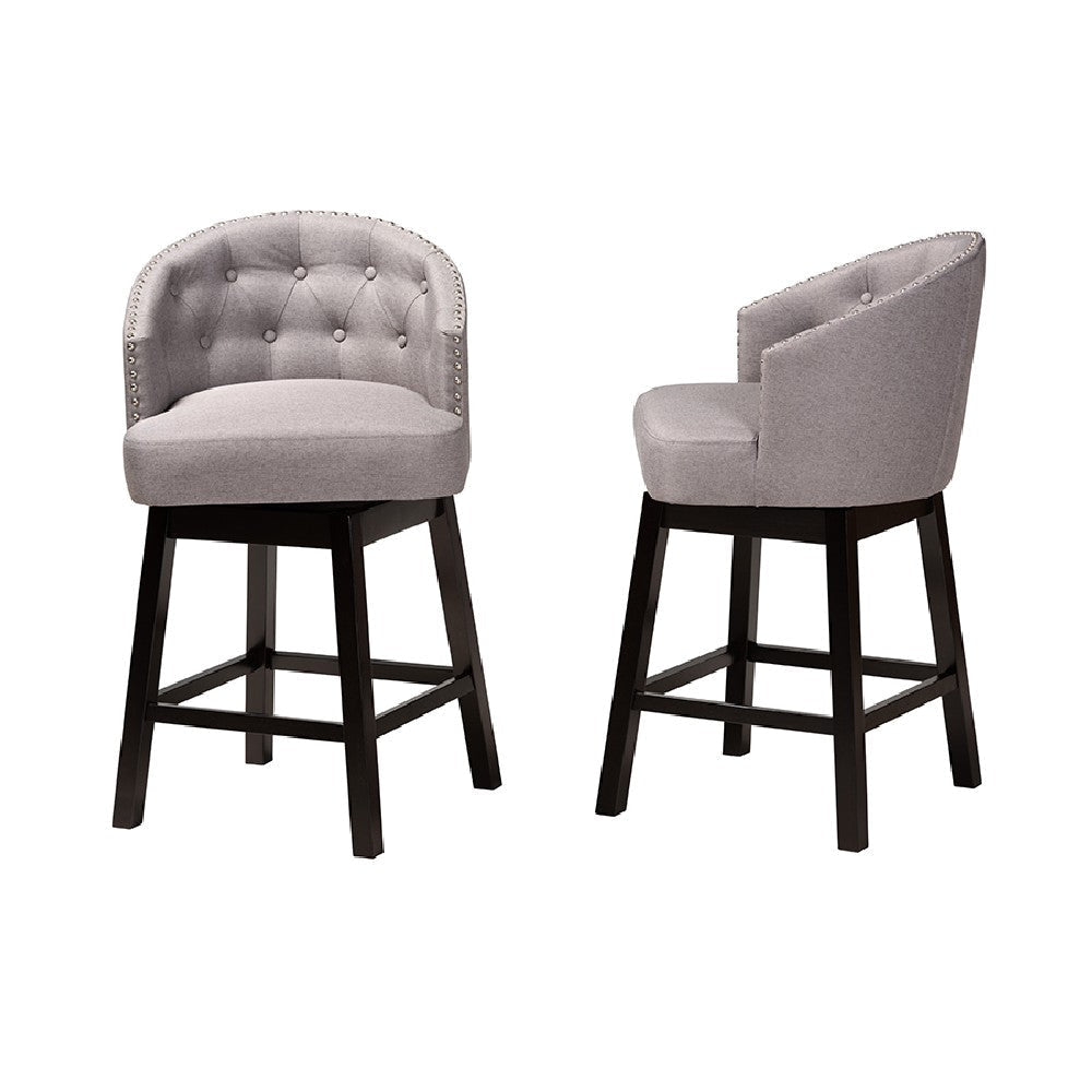 Baxton Studio Theron Mid-Century Transitional Grey Fabric and Espresso Brown Finished Wood 2-Piece Swivel Counter Stool Set