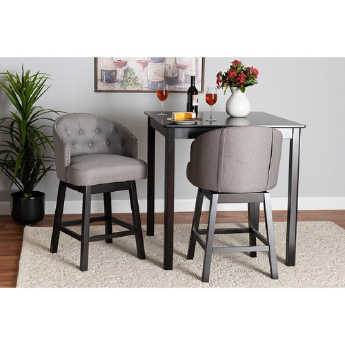 Baxton Studio Theron Mid-Century Transitional Grey Fabric and Espresso Brown Finished Wood 2-Piece Swivel Counter Stool Set