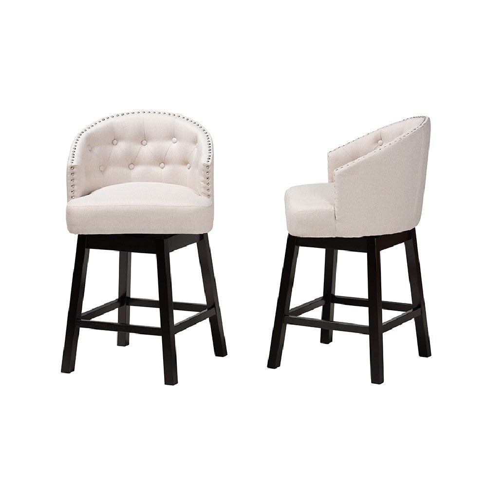 Baxton Studio Theron Mid-Century Transitional Light Beige Fabric and Espresso Brown Finished Wood 2-Piece Swivel Counter Stool Set