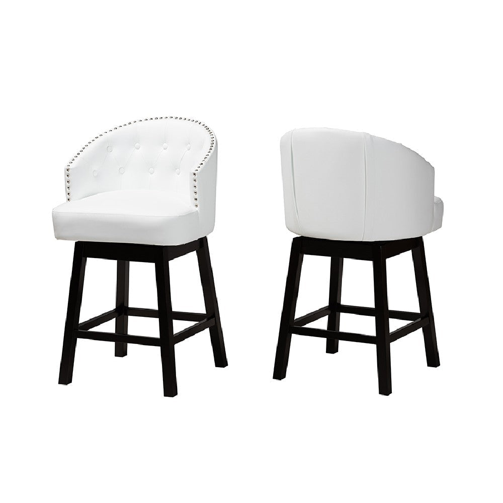 Baxton Studio Theron Mid-Century Transitional White Faux Leather and Espresso Brown Finished Wood 2-Piece Swivel Counter Stool Set