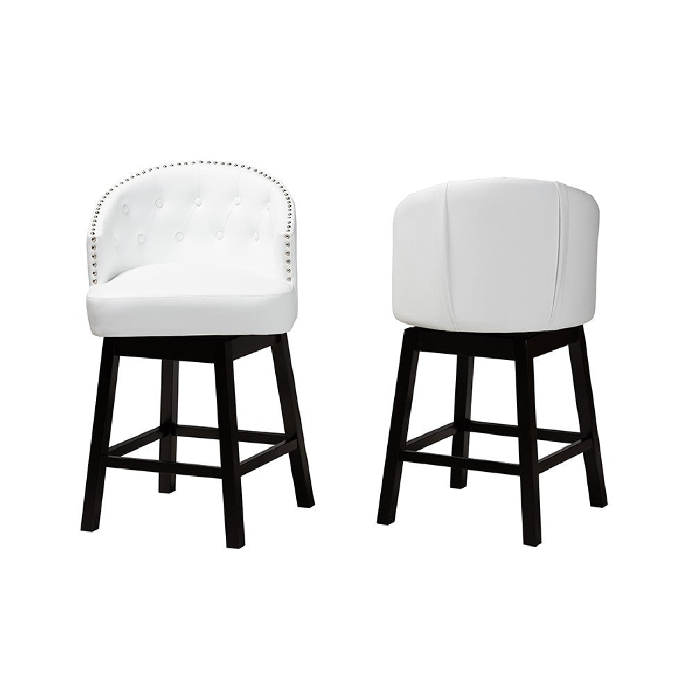 Baxton Studio Theron Mid-Century Transitional White Faux Leather and Espresso Brown Finished Wood 2-Piece Swivel Counter Stool Set