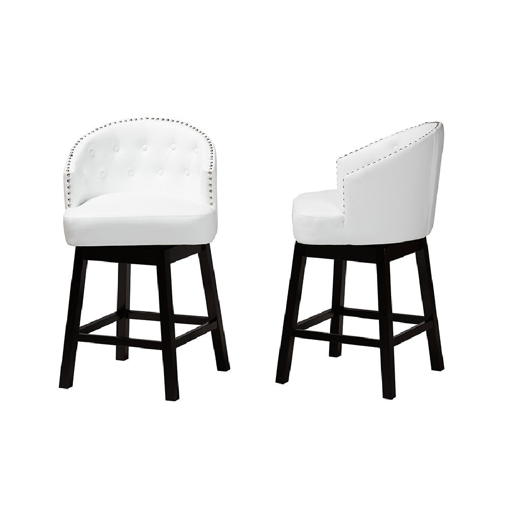 Baxton Studio Theron Mid-Century Transitional White Faux Leather and Espresso Brown Finished Wood 2-Piece Swivel Counter Stool Set