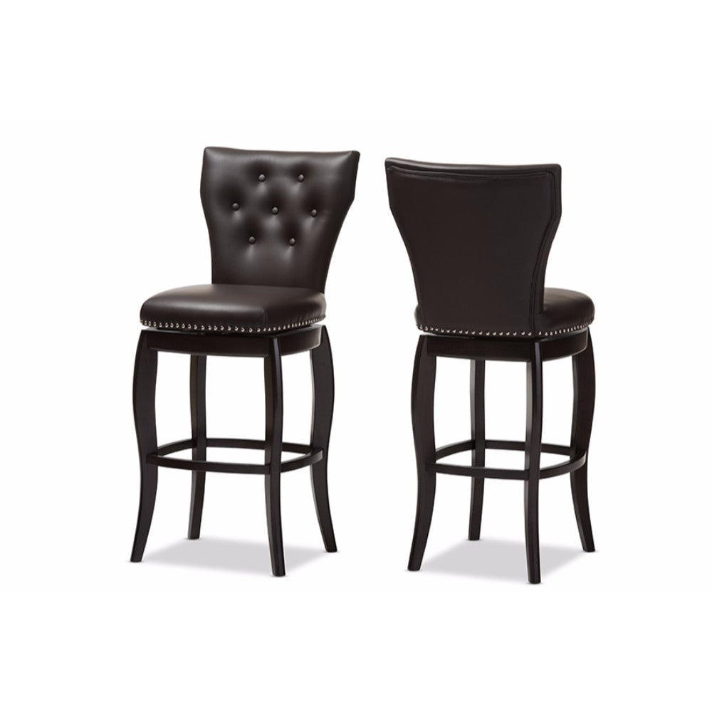 Baxton Studio Leonice Modern and Contemporary Dark Brown Faux Leather Upholstered Button-tufted 29-Inch 2-Piece Swivel Bar Stool Set