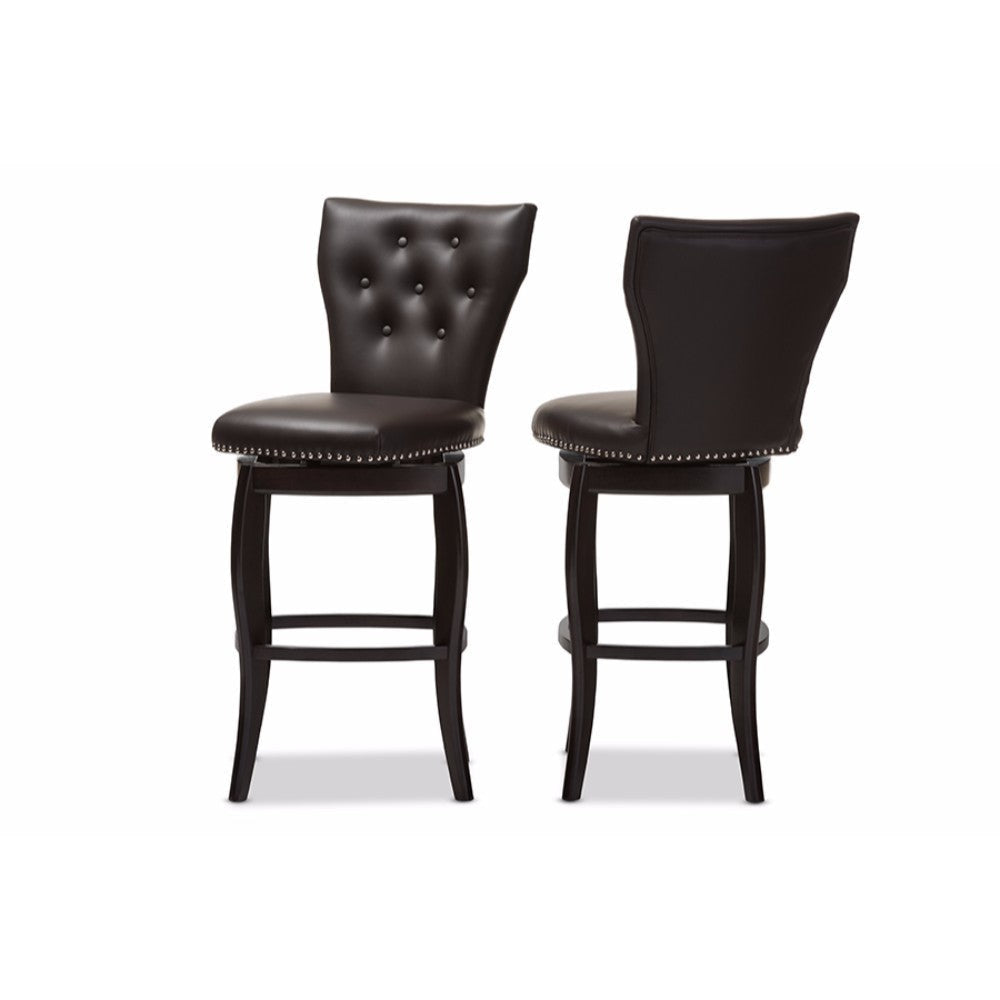 Baxton Studio Leonice Modern and Contemporary Dark Brown Faux Leather Upholstered Button-tufted 29-Inch 2-Piece Swivel Bar Stool Set