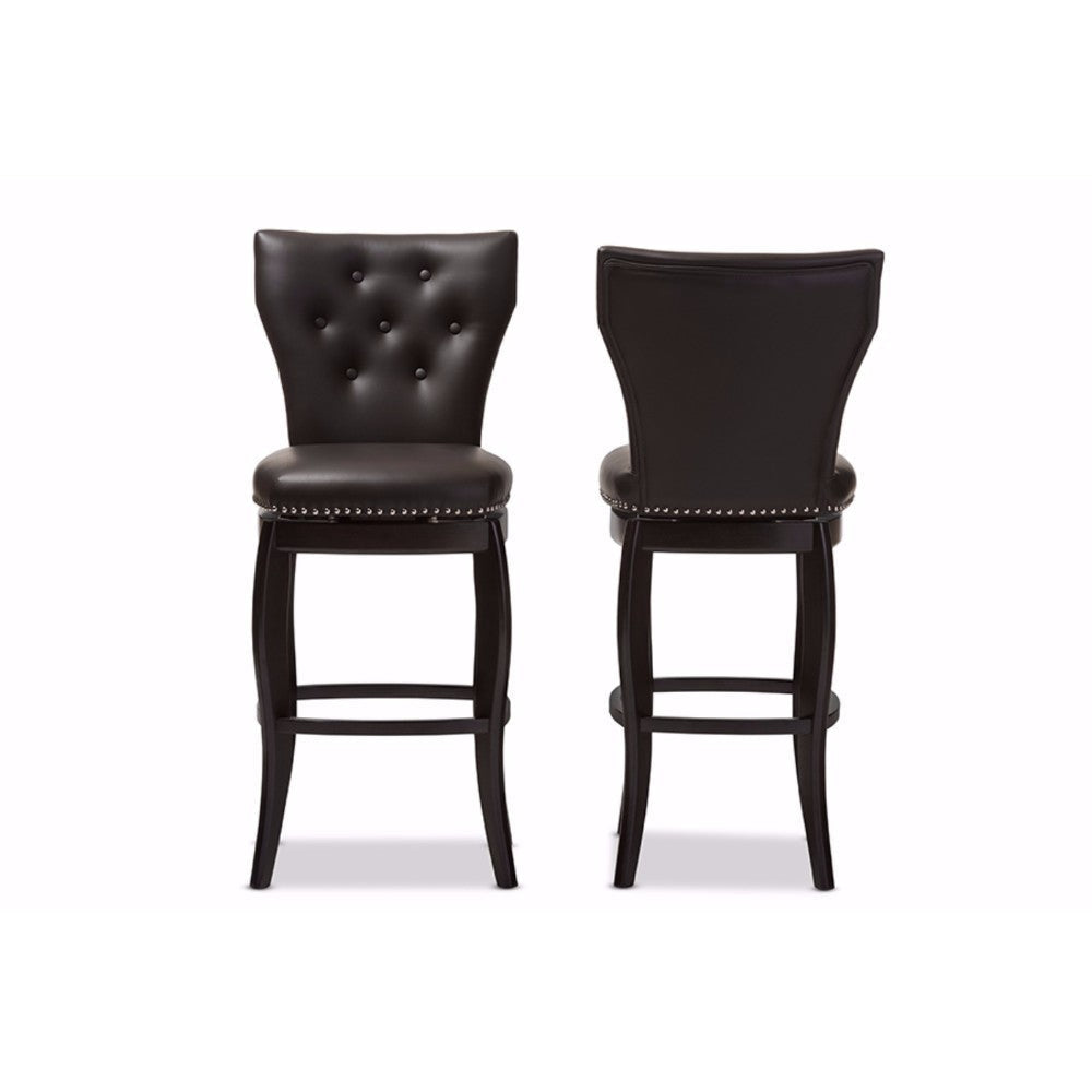 Baxton Studio Leonice Modern and Contemporary Dark Brown Faux Leather Upholstered Button-tufted 29-Inch 2-Piece Swivel Bar Stool Set