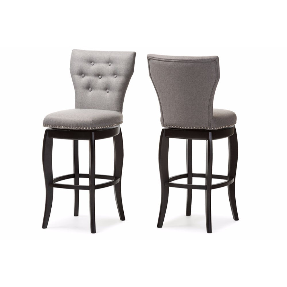 Baxton Studio Leonice Modern and Contemporary Grey Fabric Upholstered Button-tufted 29-Inch 2-Piece Swivel Bar Stool Set
