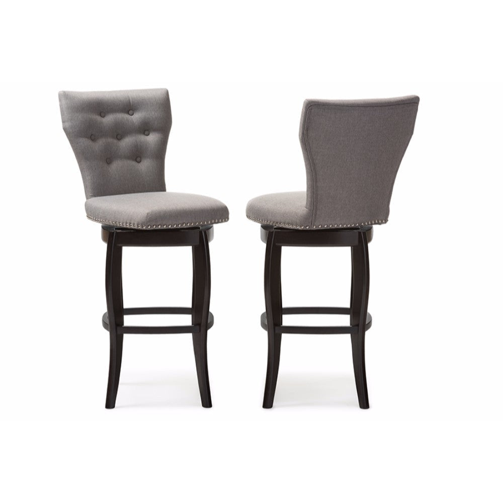 Baxton Studio Leonice Modern and Contemporary Grey Fabric Upholstered Button-tufted 29-Inch 2-Piece Swivel Bar Stool Set