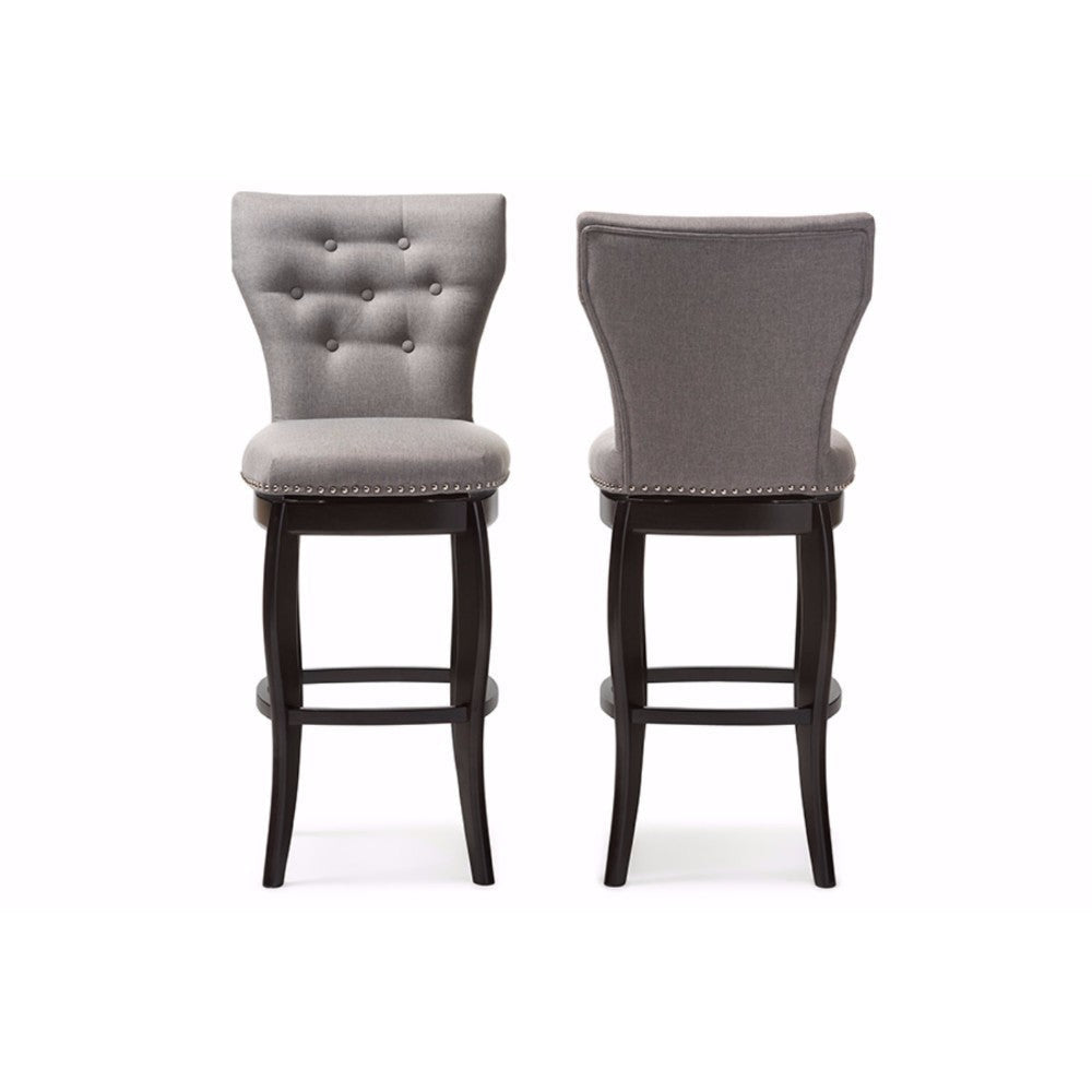 Baxton Studio Leonice Modern and Contemporary Grey Fabric Upholstered Button-tufted 29-Inch 2-Piece Swivel Bar Stool Set