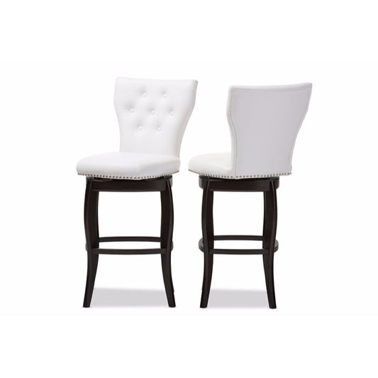 Baxton Studio Leonice Modern and Contemporary White Faux Leather Upholstered Button-tufted 29-Inch 2-Piece Swivel Bar Stool Set