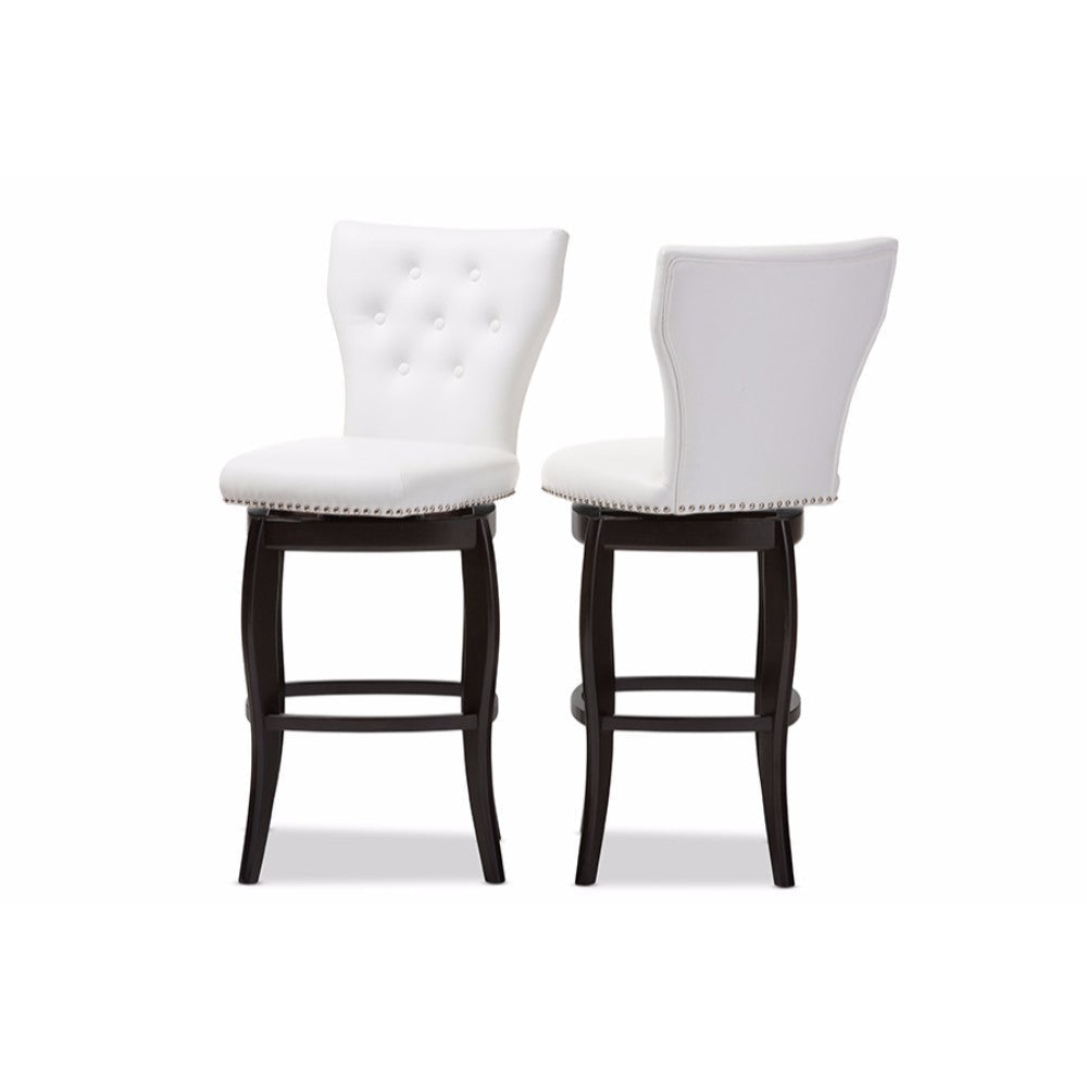 Baxton Studio Leonice Modern and Contemporary White Faux Leather Upholstered Button-tufted 29-Inch 2-Piece Swivel Bar Stool Set