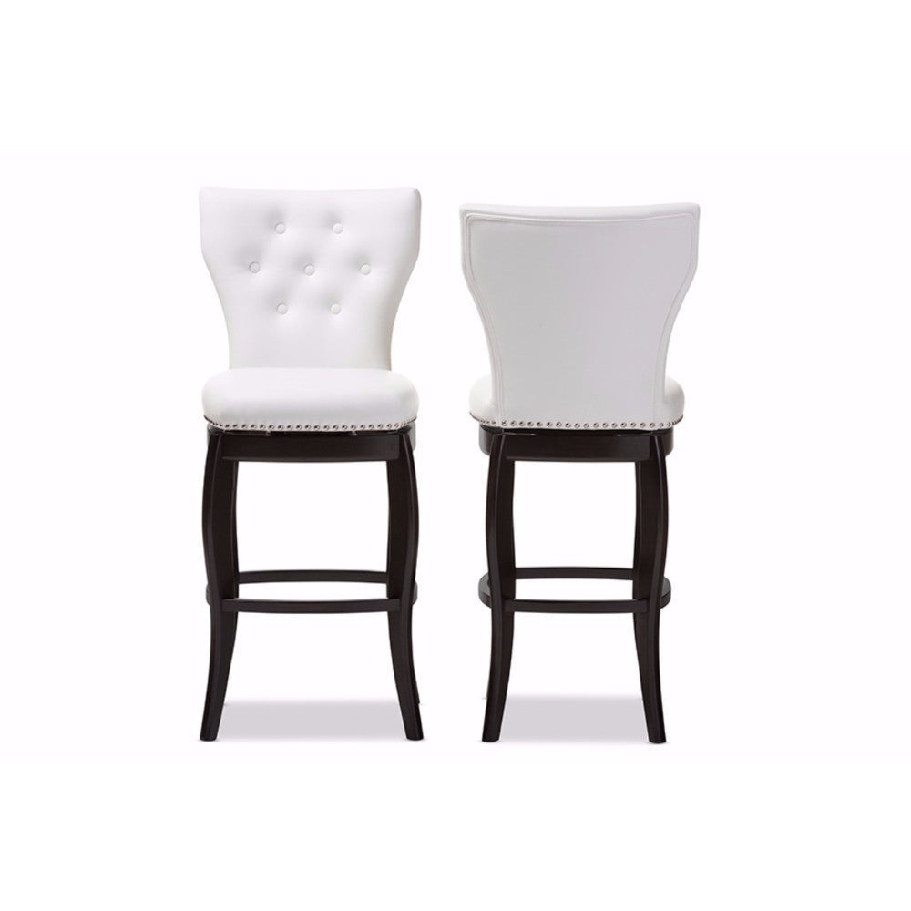 Baxton Studio Leonice Modern and Contemporary White Faux Leather Upholstered Button-tufted 29-Inch 2-Piece Swivel Bar Stool Set