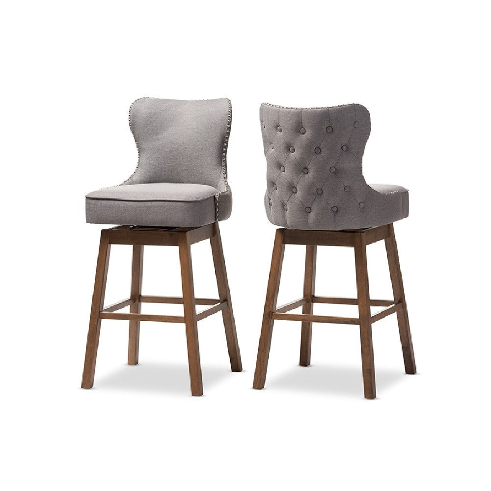 Baxton Studio Gradisca Modern and Contemporary Brown Wood Finishing and Grey Fabric Button-Tufted Upholstered 2-Piece Swivel Barstool Set