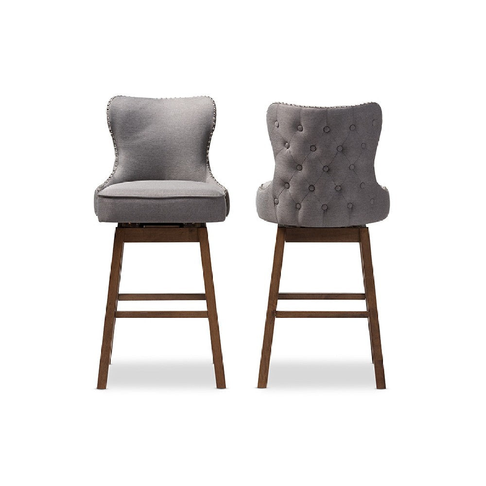 Baxton Studio Gradisca Modern and Contemporary Brown Wood Finishing and Grey Fabric Button-Tufted Upholstered 2-Piece Swivel Barstool Set