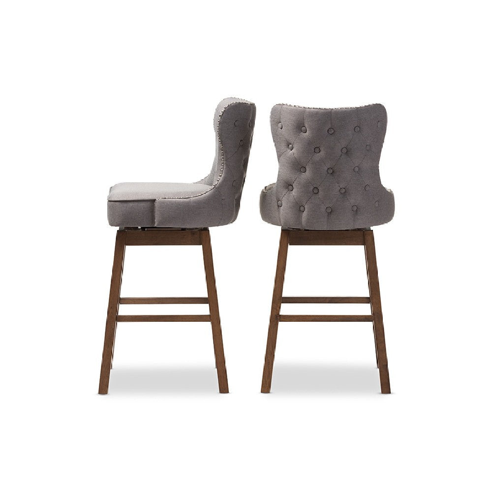Baxton Studio Gradisca Modern and Contemporary Brown Wood Finishing and Grey Fabric Button-Tufted Upholstered 2-Piece Swivel Barstool Set