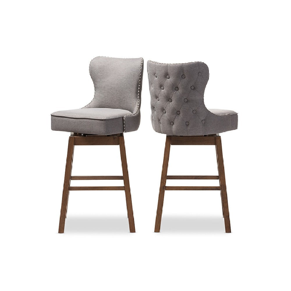 Baxton Studio Gradisca Modern and Contemporary Brown Wood Finishing and Grey Fabric Button-Tufted Upholstered 2-Piece Swivel Barstool Set