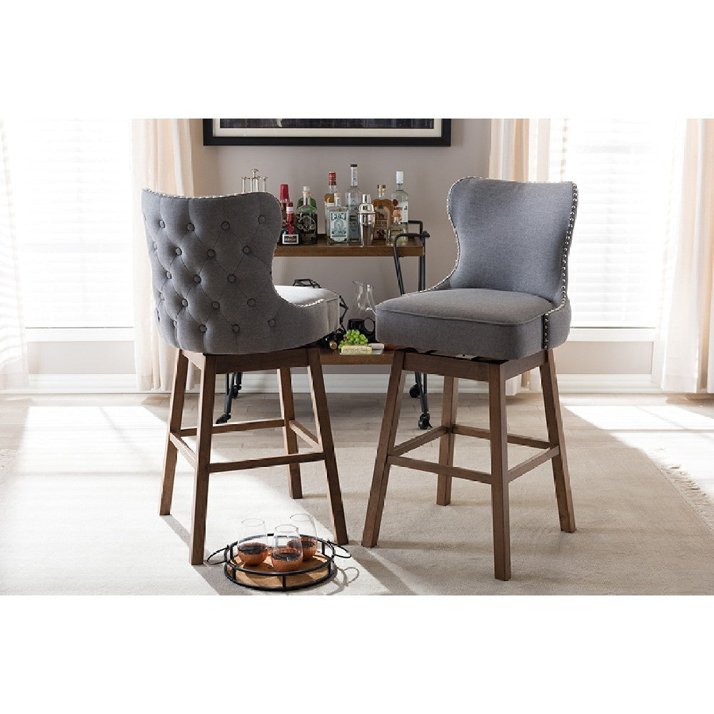 Baxton Studio Gradisca Modern and Contemporary Brown Wood Finishing and Grey Fabric Button-Tufted Upholstered 2-Piece Swivel Barstool Set
