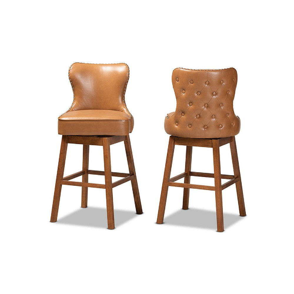 Baxton Studio Gradisca Modern and Contemporary Tan Faux Leather Upholstered and Walnut Brown Finished Wood 2-Piece Swivel Bar Stool Set