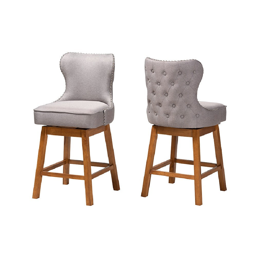 Baxton Studio Gradisca Modern Grey Fabric and Walnut Brown Finished Wood 2-Piece Swivel Counter Stool Set WHI-BBT5246C-Grey-Walnut-CS