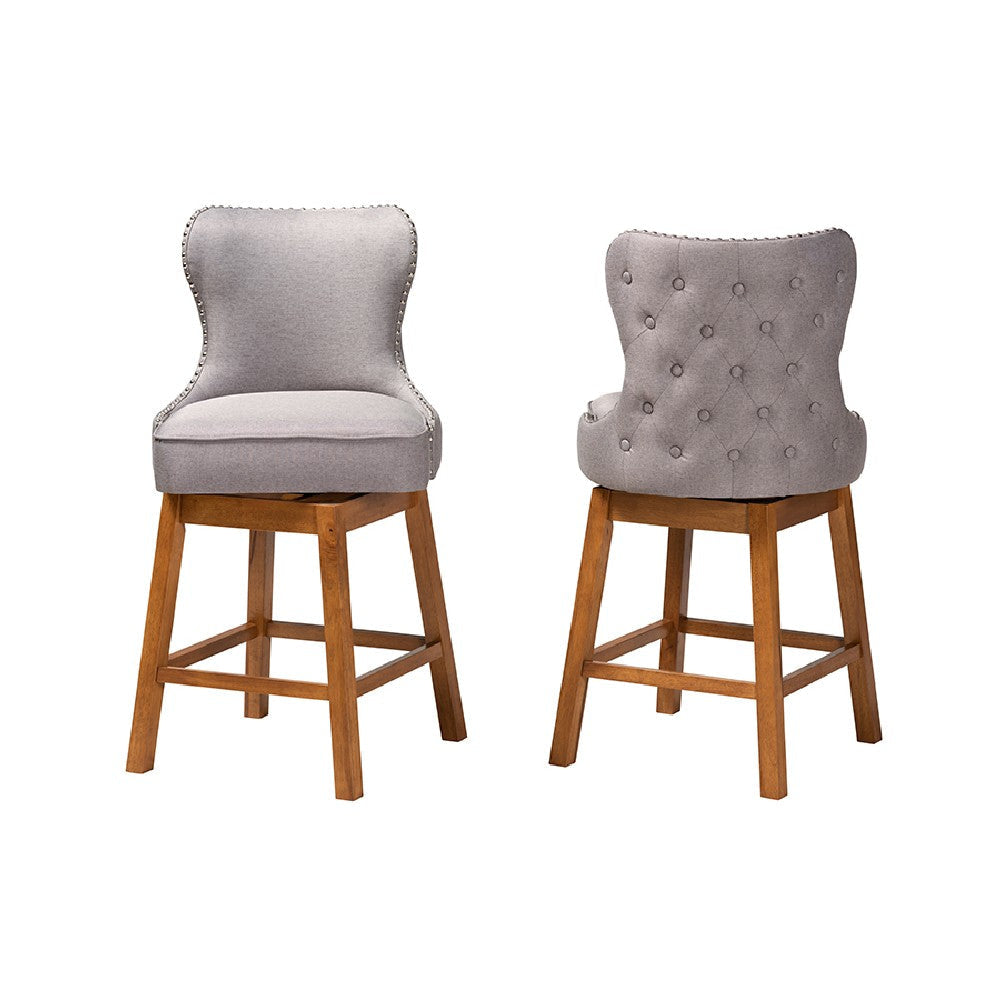 Baxton Studio Gradisca Modern Grey Fabric and Walnut Brown Finished Wood 2-Piece Swivel Counter Stool Set WHI-BBT5246C-Grey-Walnut-CS