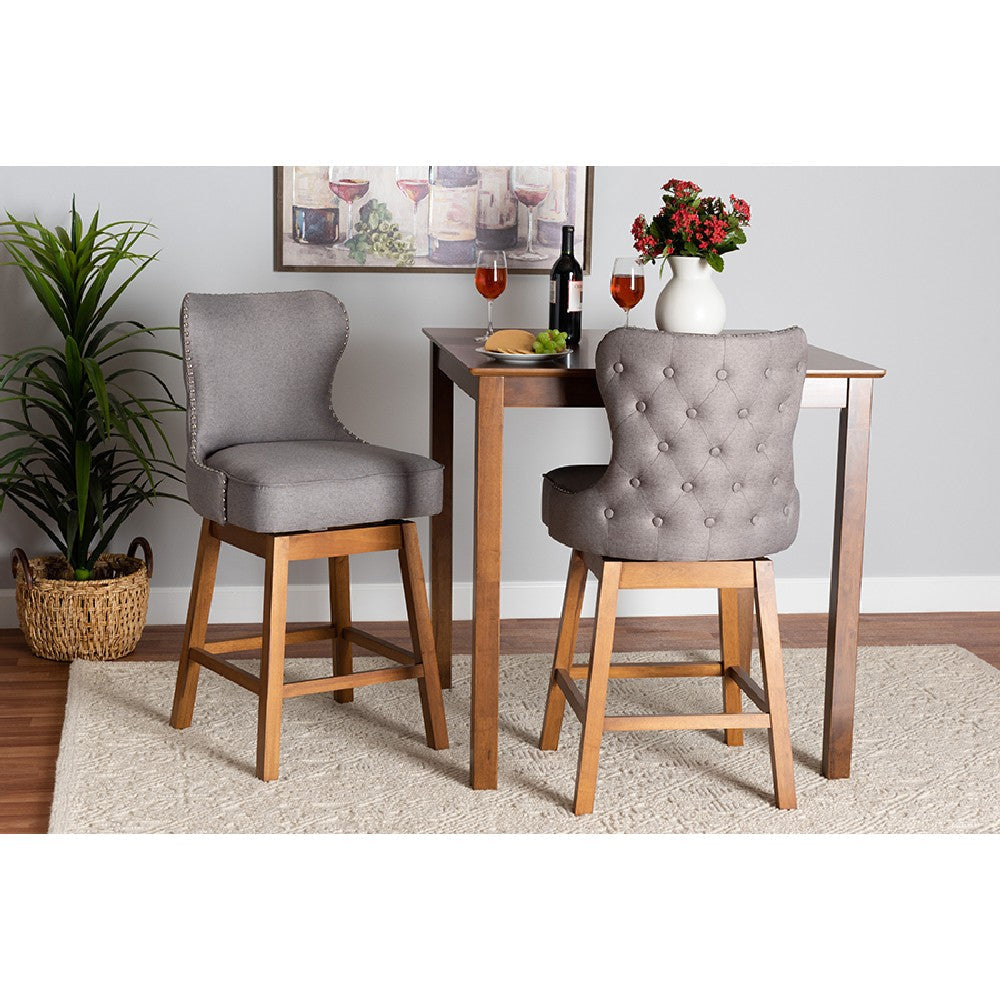 Baxton Studio Gradisca Modern Grey Fabric and Walnut Brown Finished Wood 2-Piece Swivel Counter Stool Set WHI-BBT5246C-Grey-Walnut-CS