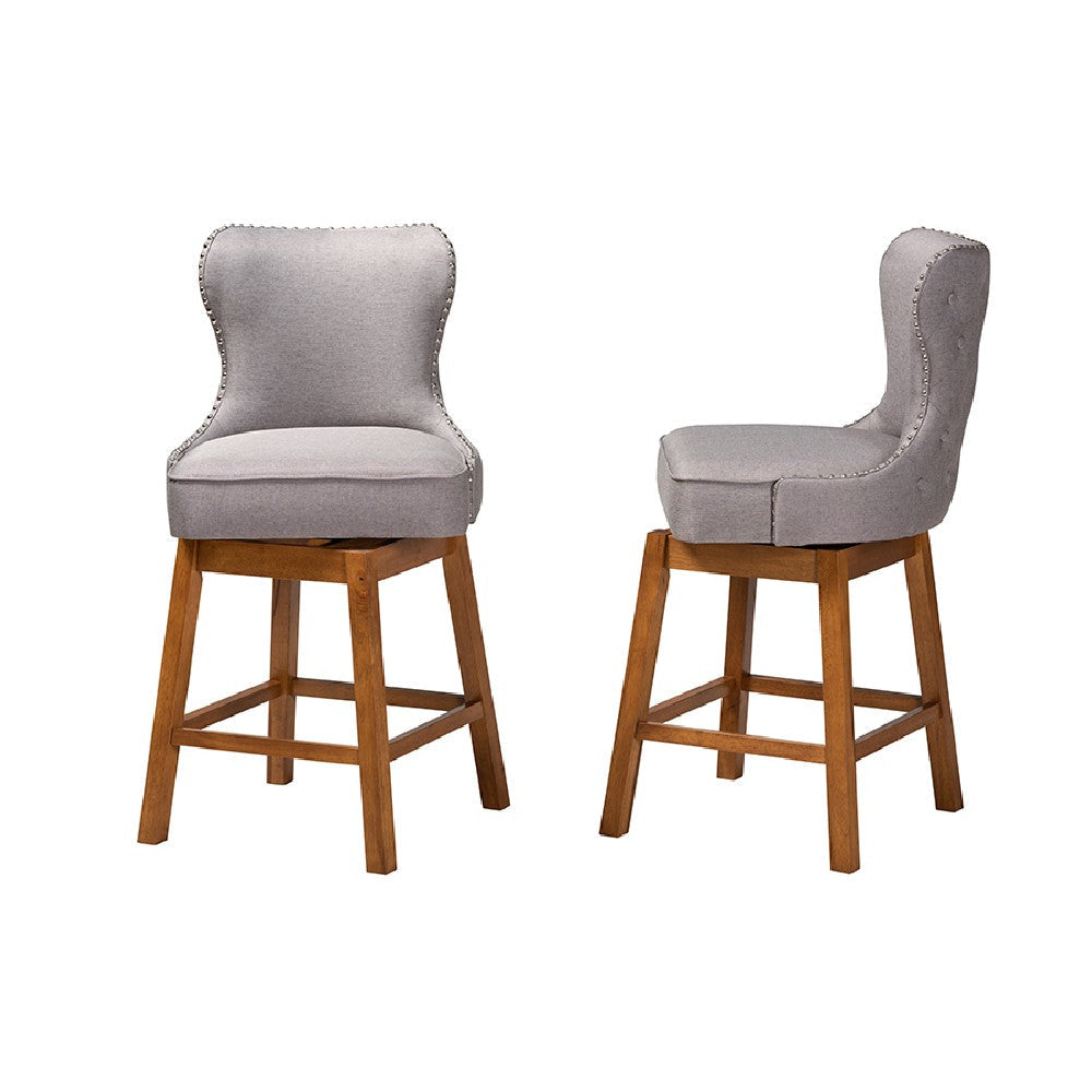 Baxton Studio Gradisca Modern Grey Fabric and Walnut Brown Finished Wood 2-Piece Swivel Counter Stool Set WHI-BBT5246C-Grey-Walnut-CS