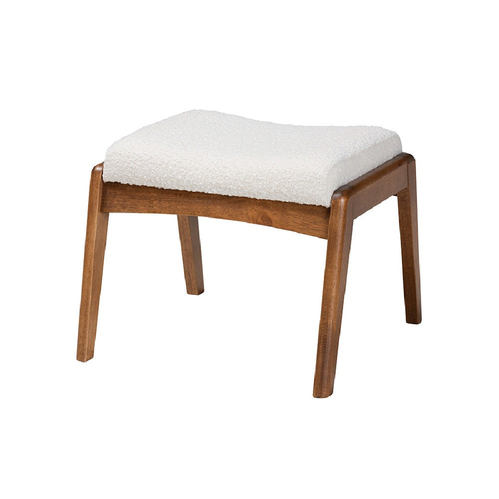 Baxton Studio Roxy Mid-Century Modern Off-White Boucle Upholstered and Walnut Brown Finished Wood Ottoman Footstool